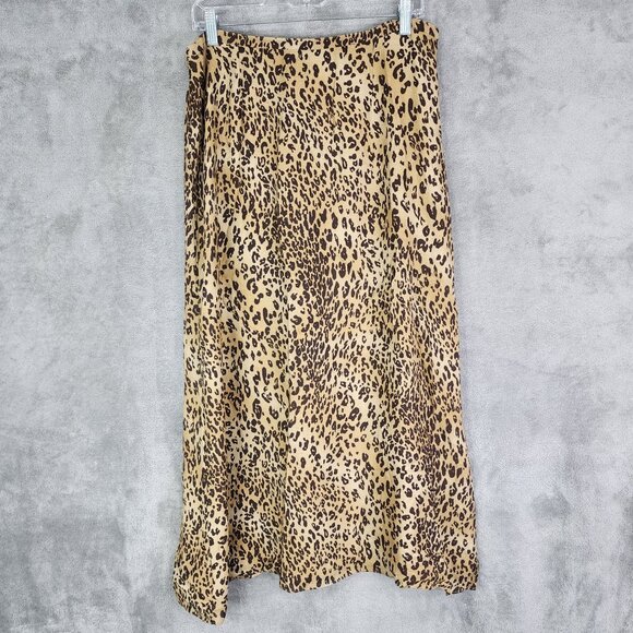 Womens Valerie Stevens Brown Leopard Print 100% Silk Midi Skirt Side Zip Size 12 - Picture 2 of 9